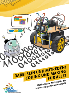 Cover der Zeitschrift: Dabei sein und mitreden! Coding und Making für alle! Methodische Ansätze für die inklusive Jugendmedienarbeit. Illustration zweier Roboter die sich gegenüberstehen. Zwei Sprechblasen, mit Coding-Inhalten.