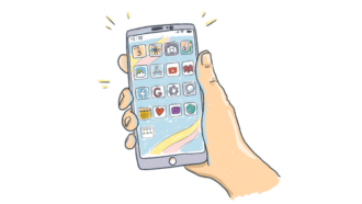 Comic-Stil: eine Hand hält ein Smartphone, auf dem viele Apps zu sehen sind